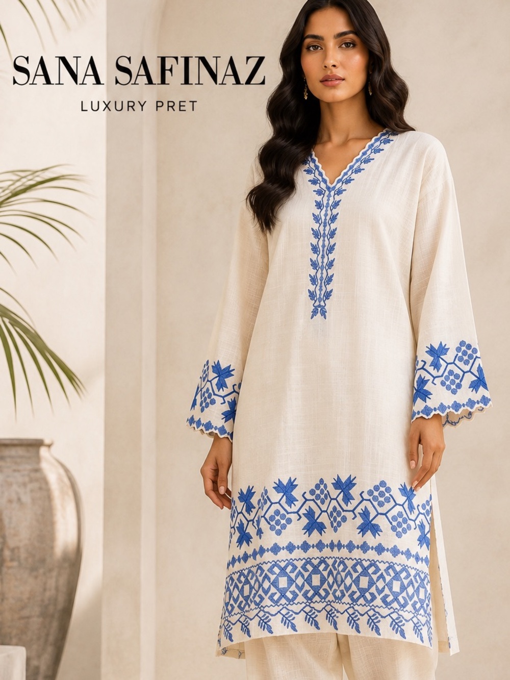 Sana Safinaz Tunic M Cream Blue Embroidered Cotton Kurta Pakistani Designer C8
